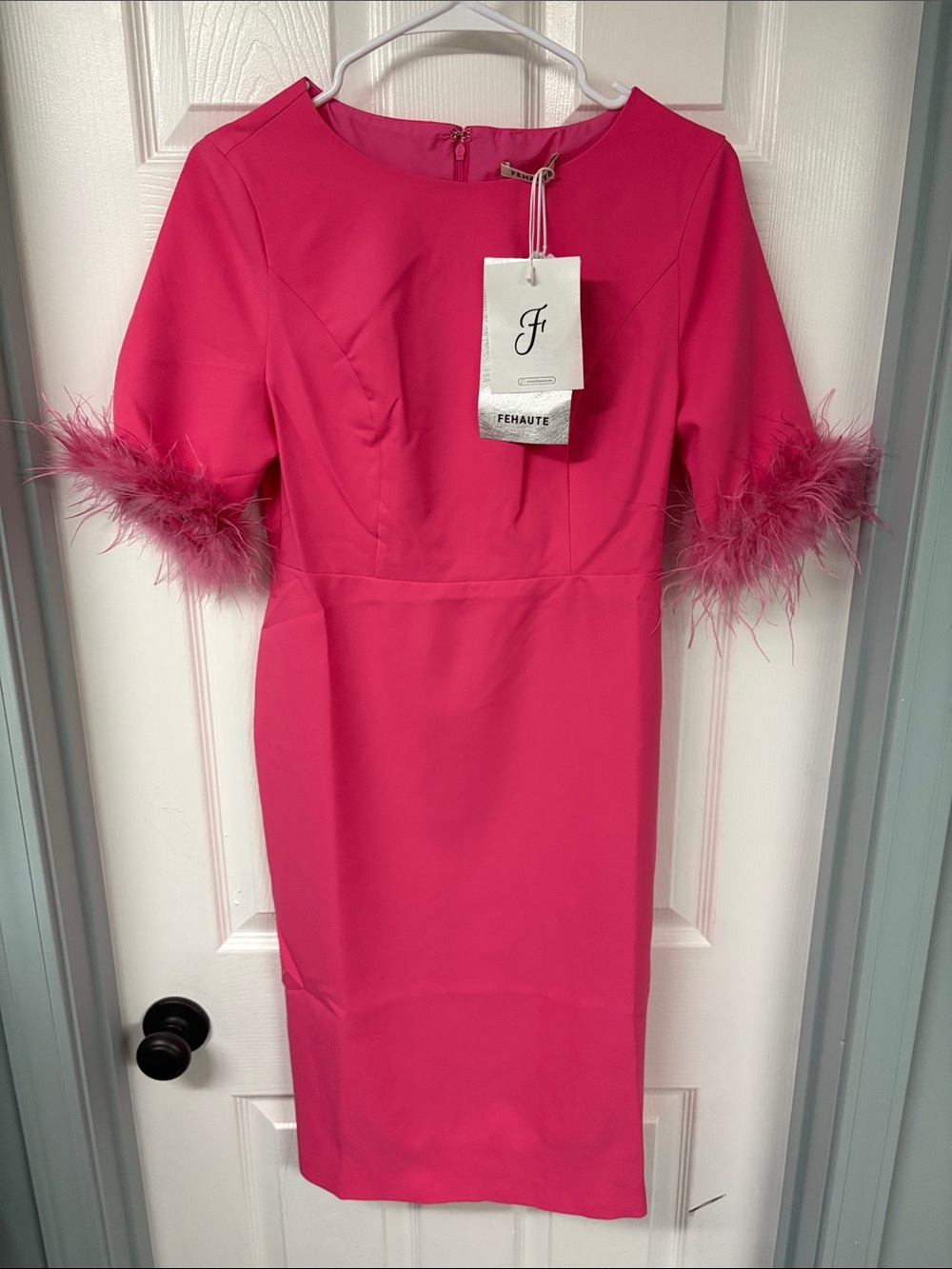 FeHaute Hot Pink Feather-Trim Midi Dress NWT